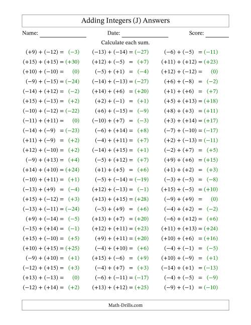 The Adding Mixed Integers from -15 to 15 (75 Questions; All Parentheses) (J) Math Worksheet Page 2