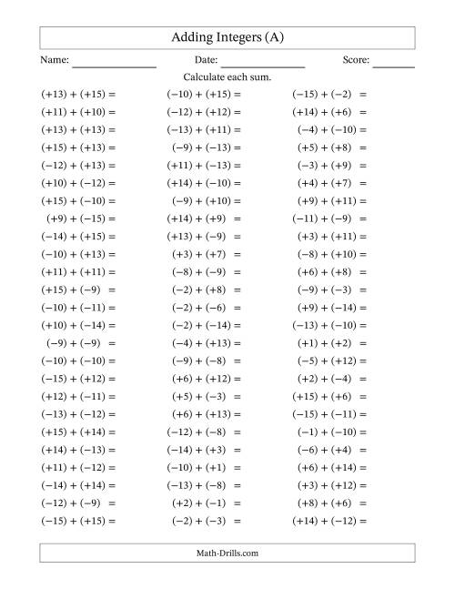 The Adding Mixed Integers from -15 to 15 (75 Questions; All Parentheses) (All) Math Worksheet