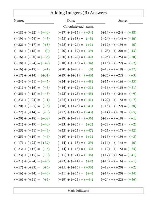 The Adding Integers from (-25) to (+25) (All Numbers in Parentheses) (B) Math Worksheet Page 2