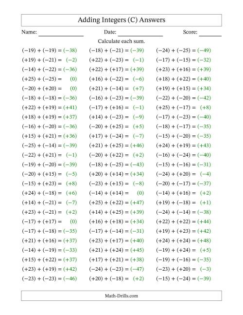 The Adding Integers from (-25) to (+25) (All Numbers in Parentheses) (C) Math Worksheet Page 2