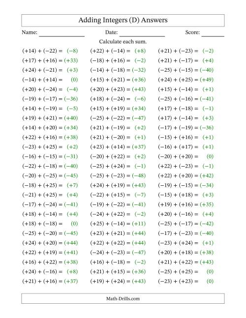 The Adding Integers from (-25) to (+25) (All Numbers in Parentheses) (D) Math Worksheet Page 2