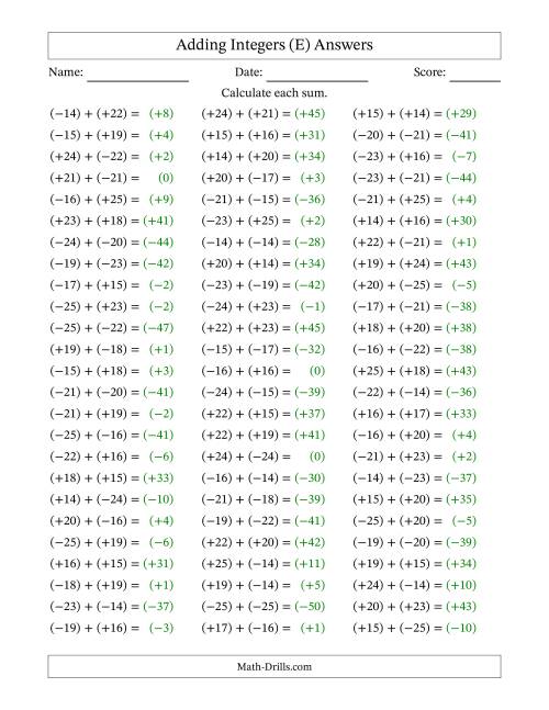 The Adding Integers from (-25) to (+25) (All Numbers in Parentheses) (E) Math Worksheet Page 2