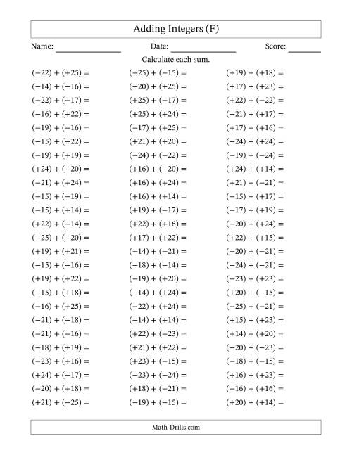 The Adding Mixed Integers from -25 to 25 (75 Questions; All Parentheses) (F) Math Worksheet