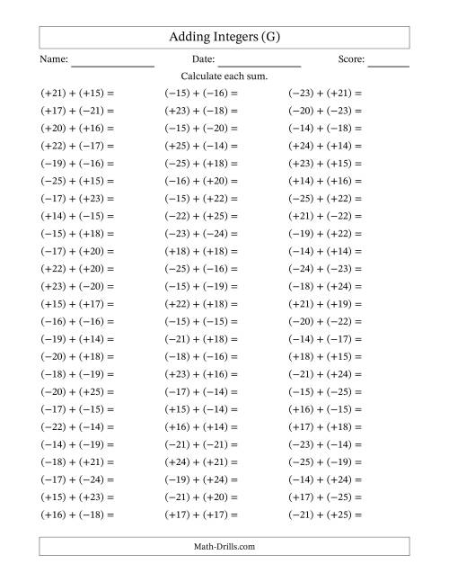 The Adding Mixed Integers from -25 to 25 (75 Questions; All Parentheses) (G) Math Worksheet