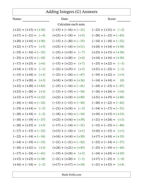 The Adding Integers from (-25) to (+25) (All Numbers in Parentheses) (G) Math Worksheet Page 2