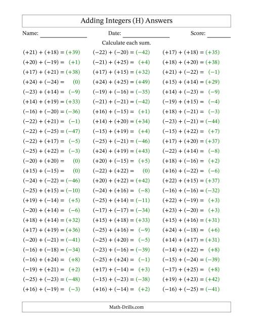 The Adding Mixed Integers from -25 to 25 (75 Questions; All Parentheses) (H) Math Worksheet Page 2