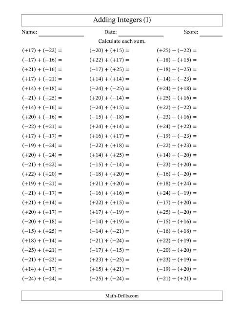 The Adding Integers from (-25) to (+25) (All Numbers in Parentheses) (I) Math Worksheet