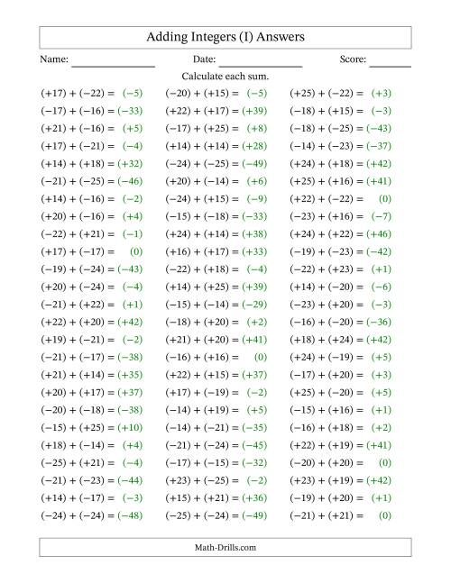 The Adding Integers from (-25) to (+25) (All Numbers in Parentheses) (I) Math Worksheet Page 2