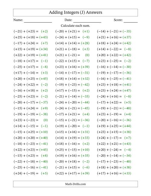 The Adding Integers from (-25) to (+25) (All Numbers in Parentheses) (J) Math Worksheet Page 2