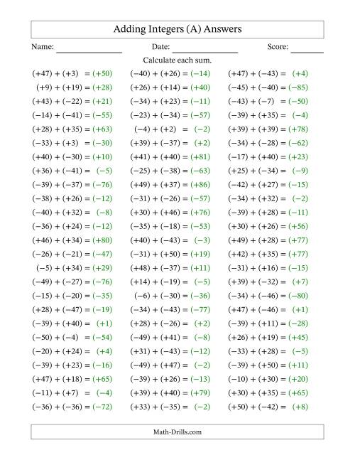 The Adding Integers from (-50) to (+50) (All Numbers in Parentheses) (A) Math Worksheet Page 2