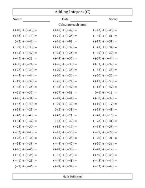 The Adding Mixed Integers from -50 to 50 (75 Questions; All Parentheses) (C) Math Worksheet
