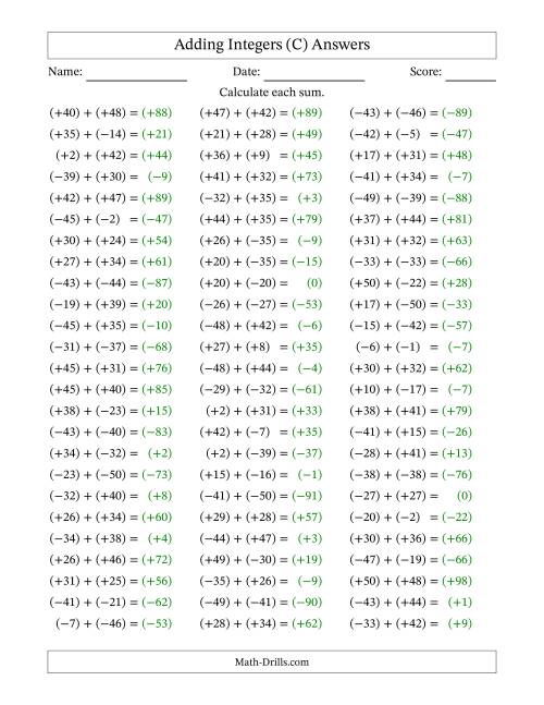 The Adding Mixed Integers from -50 to 50 (75 Questions; All Parentheses) (C) Math Worksheet Page 2