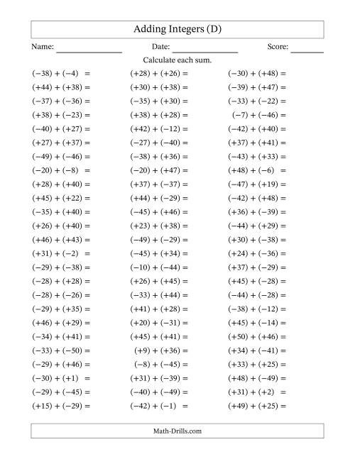 The Adding Mixed Integers from -50 to 50 (75 Questions; All Parentheses) (D) Math Worksheet