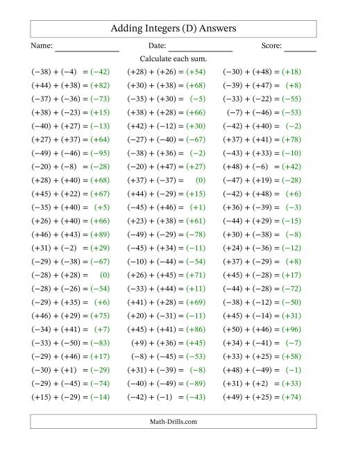 The Adding Mixed Integers from -50 to 50 (75 Questions; All Parentheses) (D) Math Worksheet Page 2