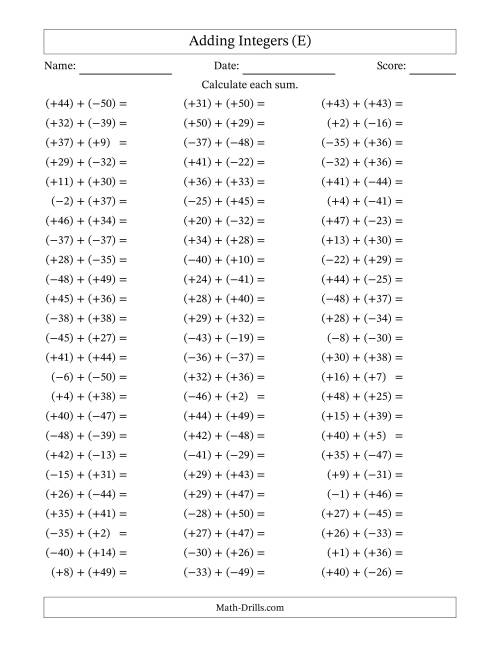 The Adding Mixed Integers from -50 to 50 (75 Questions; All Parentheses) (E) Math Worksheet