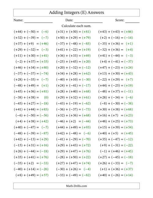 The Adding Mixed Integers from -50 to 50 (75 Questions; All Parentheses) (E) Math Worksheet Page 2