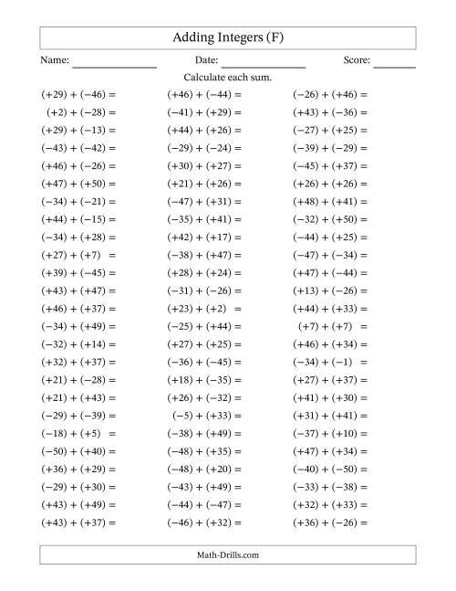 The Adding Mixed Integers from -50 to 50 (75 Questions; All Parentheses) (F) Math Worksheet