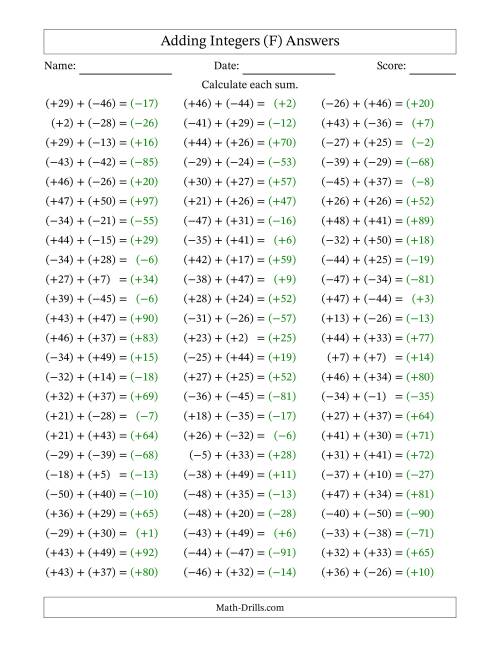 The Adding Mixed Integers from -50 to 50 (75 Questions; All Parentheses) (F) Math Worksheet Page 2
