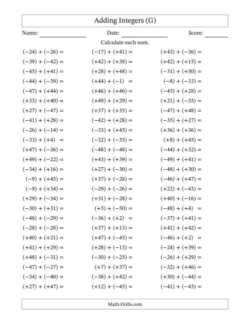 The Adding Mixed Integers from -50 to 50 (75 Questions; All Parentheses) (G) Math Worksheet
