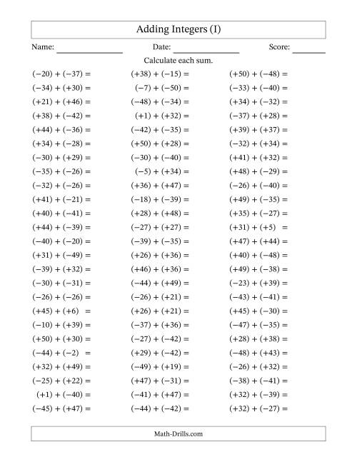 The Adding Mixed Integers from -50 to 50 (75 Questions; All Parentheses) (I) Math Worksheet