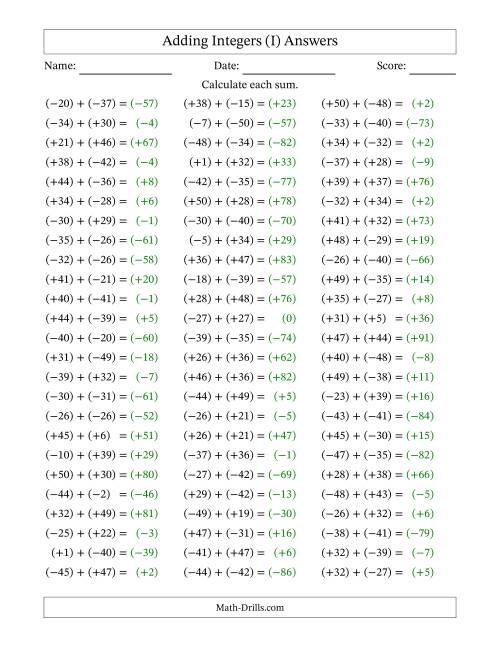 The Adding Mixed Integers from -50 to 50 (75 Questions; All Parentheses) (I) Math Worksheet Page 2