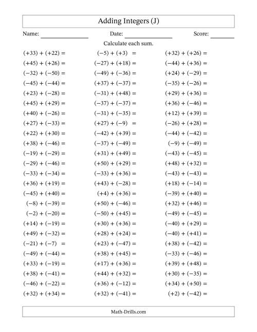 The Adding Mixed Integers from -50 to 50 (75 Questions; All Parentheses) (J) Math Worksheet
