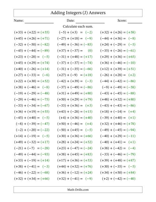 The Adding Mixed Integers from -50 to 50 (75 Questions; All Parentheses) (J) Math Worksheet Page 2