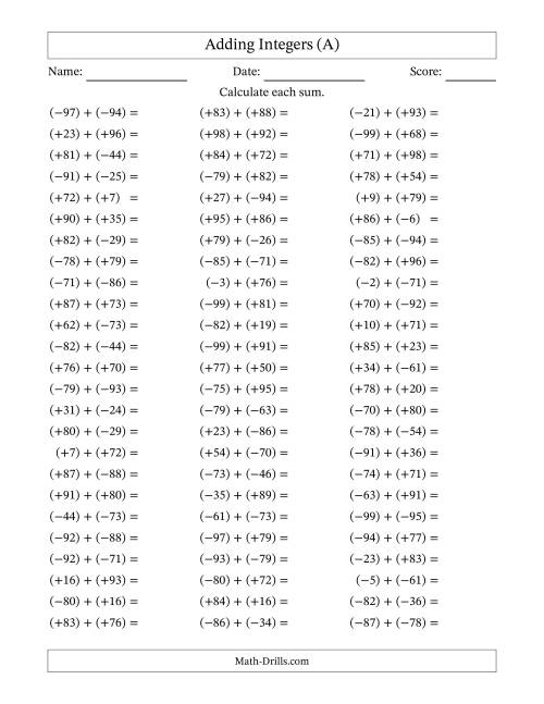 The Adding Integers from (-99) to (+99) (All Numbers in Parentheses) (A) Math Worksheet