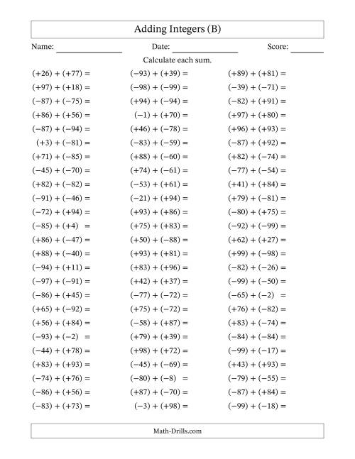 The Adding Mixed Integers from -99 to 99 (75 Questions; All Parentheses) (B) Math Worksheet
