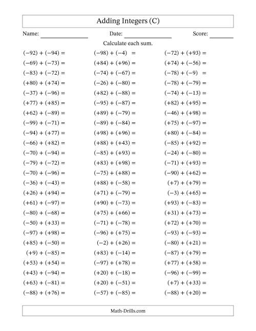 The Adding Mixed Integers from -99 to 99 (75 Questions; All Parentheses) (C) Math Worksheet