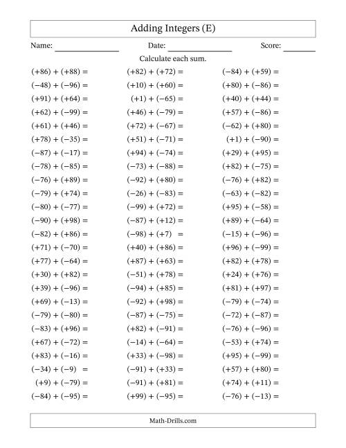 The Adding Mixed Integers from -99 to 99 (75 Questions; All Parentheses) (E) Math Worksheet