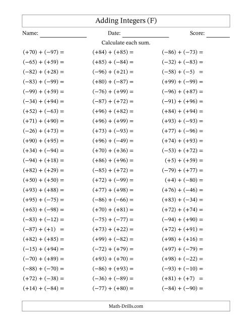 The Adding Mixed Integers from -99 to 99 (75 Questions; All Parentheses) (F) Math Worksheet