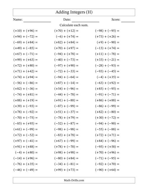The Adding Mixed Integers from -99 to 99 (75 Questions; All Parentheses) (H) Math Worksheet