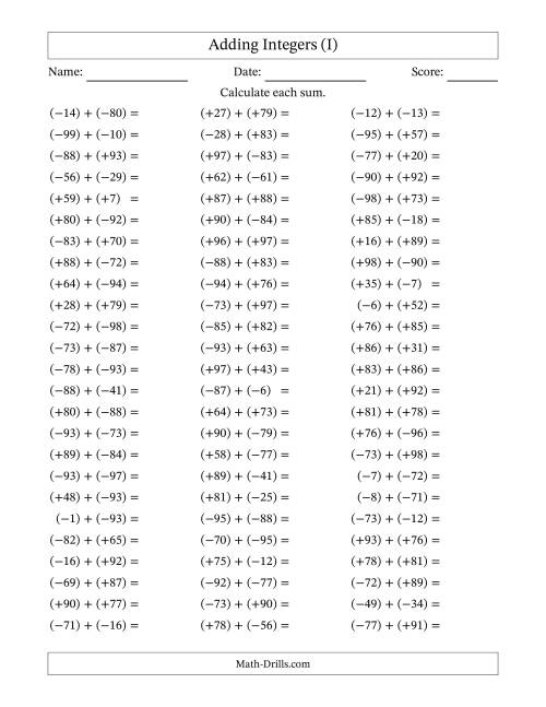 The Adding Mixed Integers from -99 to 99 (75 Questions; All Parentheses) (I) Math Worksheet