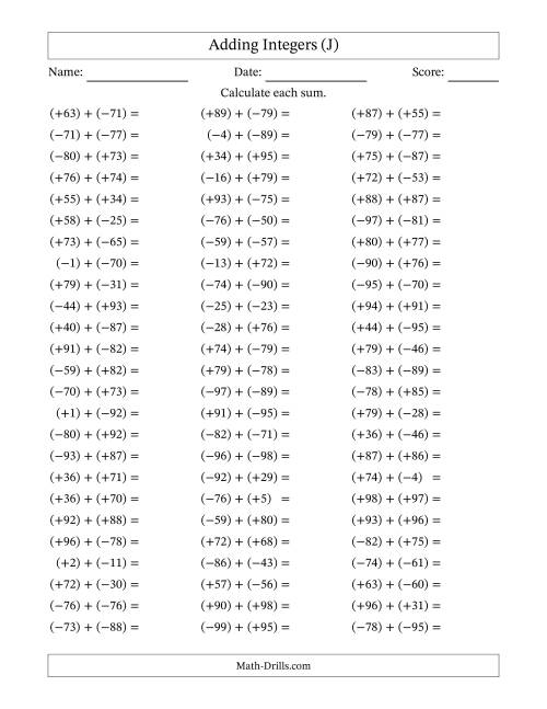 The Adding Mixed Integers from -99 to 99 (75 Questions; All Parentheses) (J) Math Worksheet