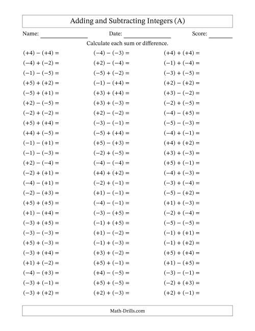 The Integer Addition and Subtraction with Parentheses around all Integers (Range -5 to 5) (A) Math Worksheet