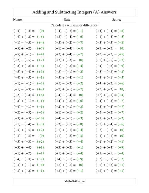 The Integer Addition and Subtraction with Parentheses around all Integers (Range -5 to 5) (A) Math Worksheet Page 2