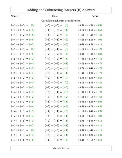 The Adding and Subtracting Mixed Integers from -5 to 5 (75 Questions; All Parentheses) (B) Math Worksheet Page 2