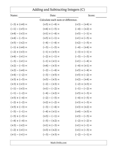 The Adding and Subtracting Mixed Integers from -5 to 5 (75 Questions; All Parentheses) (C) Math Worksheet