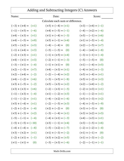 The Adding and Subtracting Mixed Integers from -5 to 5 (75 Questions; All Parentheses) (C) Math Worksheet Page 2