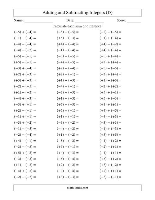 The Adding and Subtracting Mixed Integers from -5 to 5 (75 Questions; All Parentheses) (D) Math Worksheet