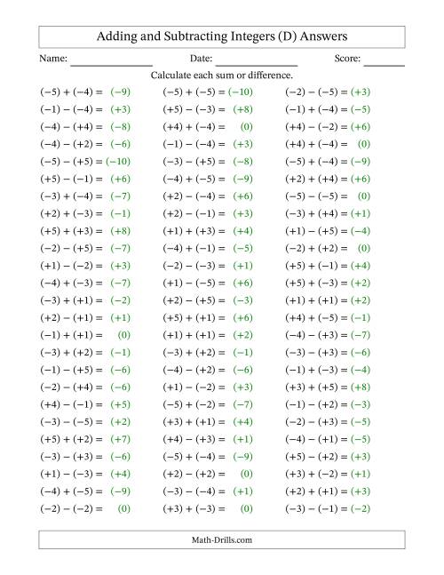 The Adding and Subtracting Mixed Integers from -5 to 5 (75 Questions; All Parentheses) (D) Math Worksheet Page 2