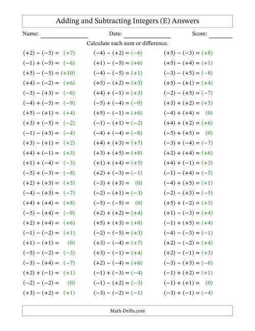The Adding and Subtracting Mixed Integers from -5 to 5 (75 Questions; All Parentheses) (E) Math Worksheet Page 2