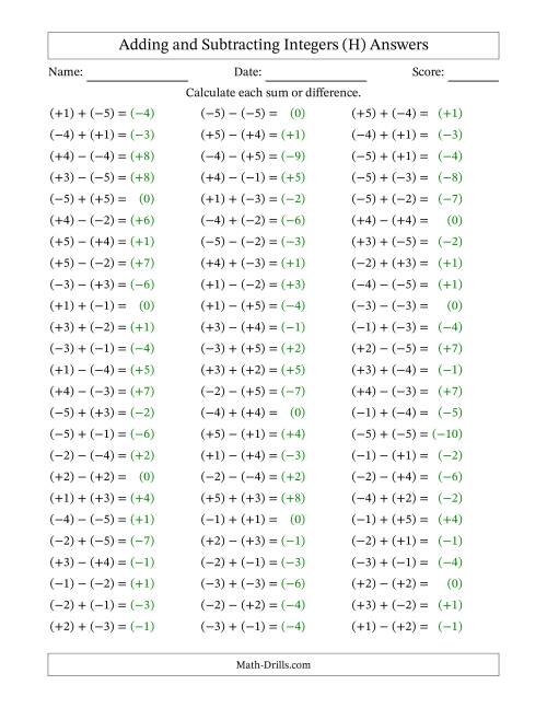 The Adding and Subtracting Mixed Integers from -5 to 5 (75 Questions; All Parentheses) (H) Math Worksheet Page 2