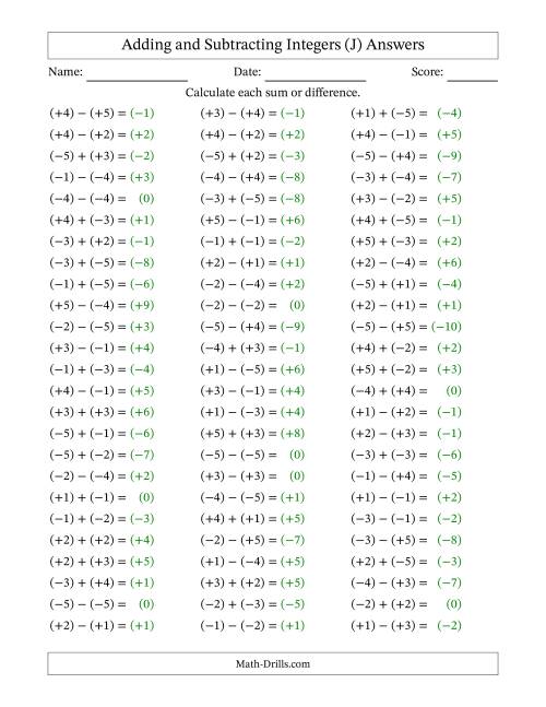 The Adding and Subtracting Mixed Integers from -5 to 5 (75 Questions; All Parentheses) (J) Math Worksheet Page 2