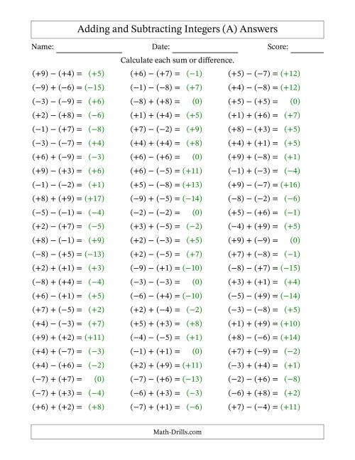 The Integer Addition and Subtraction with Parentheses around all Integers (Range -9 to 9) (A) Math Worksheet Page 2