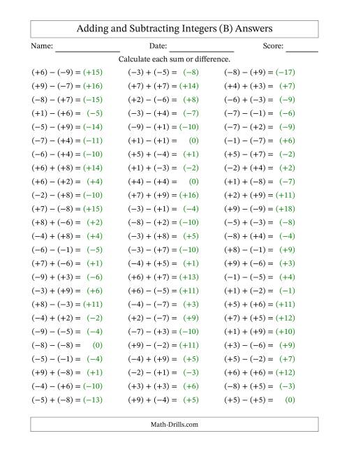 The Integer Addition and Subtraction with Parentheses around all Integers (Range -9 to 9) (B) Math Worksheet Page 2