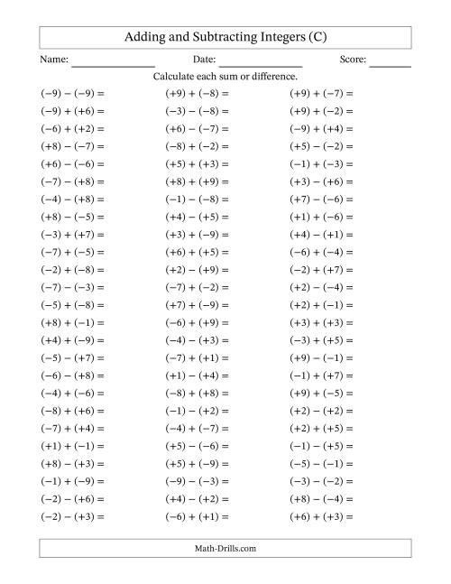 The Integer Addition and Subtraction with Parentheses around all Integers (Range -9 to 9) (C) Math Worksheet