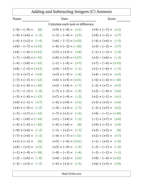 The Integer Addition and Subtraction with Parentheses around all Integers (Range -9 to 9) (C) Math Worksheet Page 2