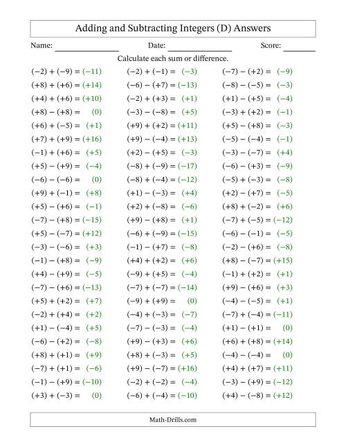 The Integer Addition and Subtraction with Parentheses around all Integers (Range -9 to 9) (D) Math Worksheet Page 2